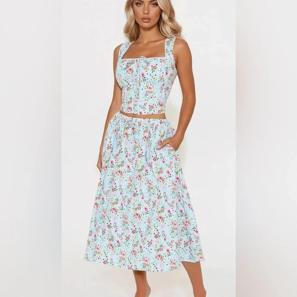 Fashion Nova Floral Midi Skirt in Light Blue - Picture 1 of 1